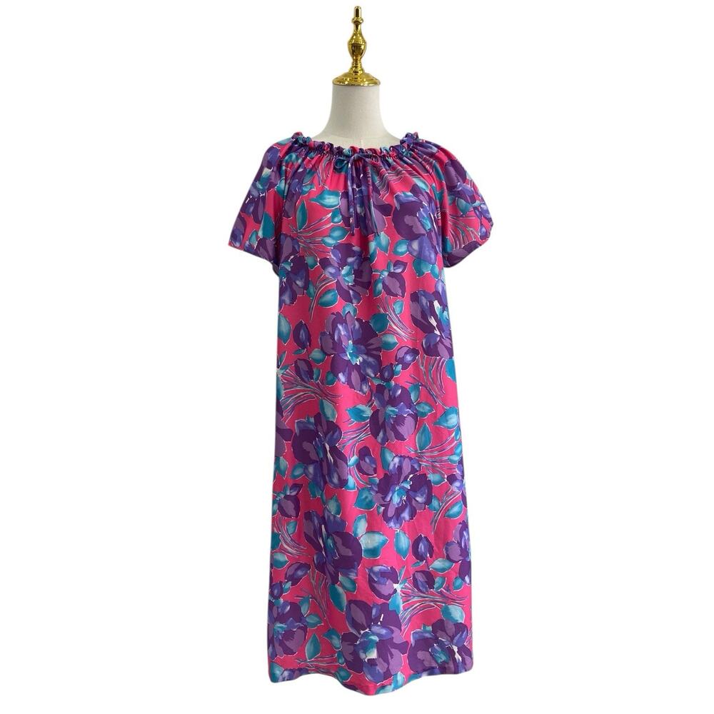 Pink & Purple Floral Poly Muumuu House Dress with Pocket Women’s size L